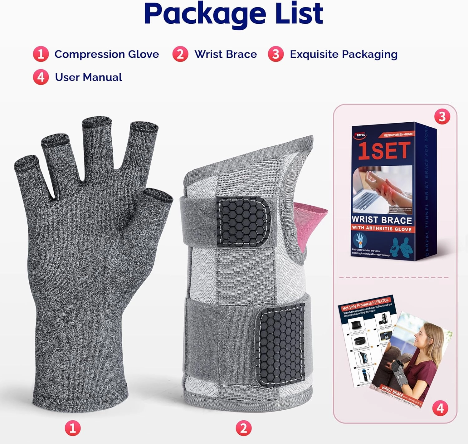 FEATOL Carpal Tunnel Wrist Brace & Compression Arthritis Glove Set for Women - Short Wrist Brace Daytime Support - Pain Relief for Work, Typing, Tendonitis, Sprains - Right Hand, Small
