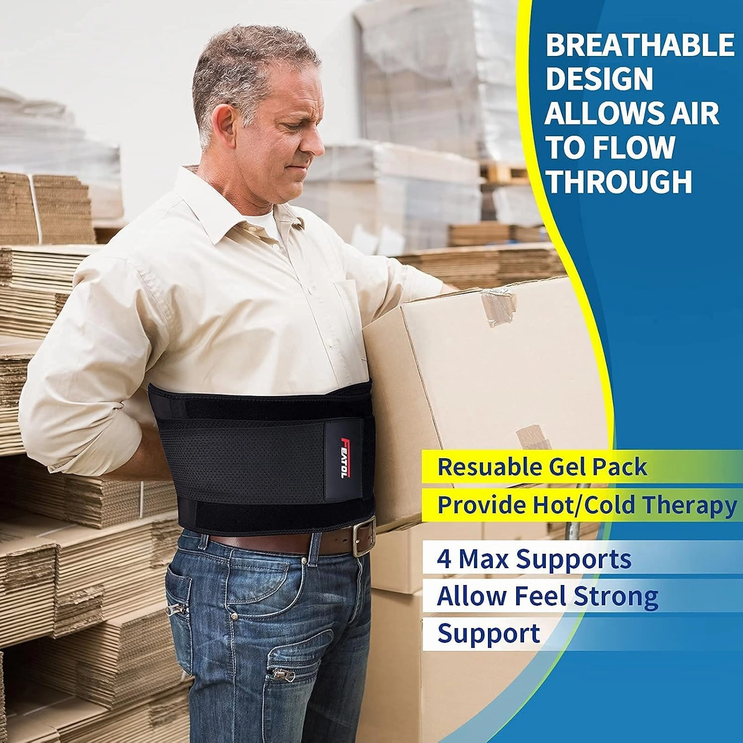 FEATOL Gel Pack Back Brace,Lumbar Support for Back Pain Relief, Herniated Disc, Sciatica, Scoliosis-Breathable Material Design with Hot & Cold Gel Pack for Men & Women| Small/Medium