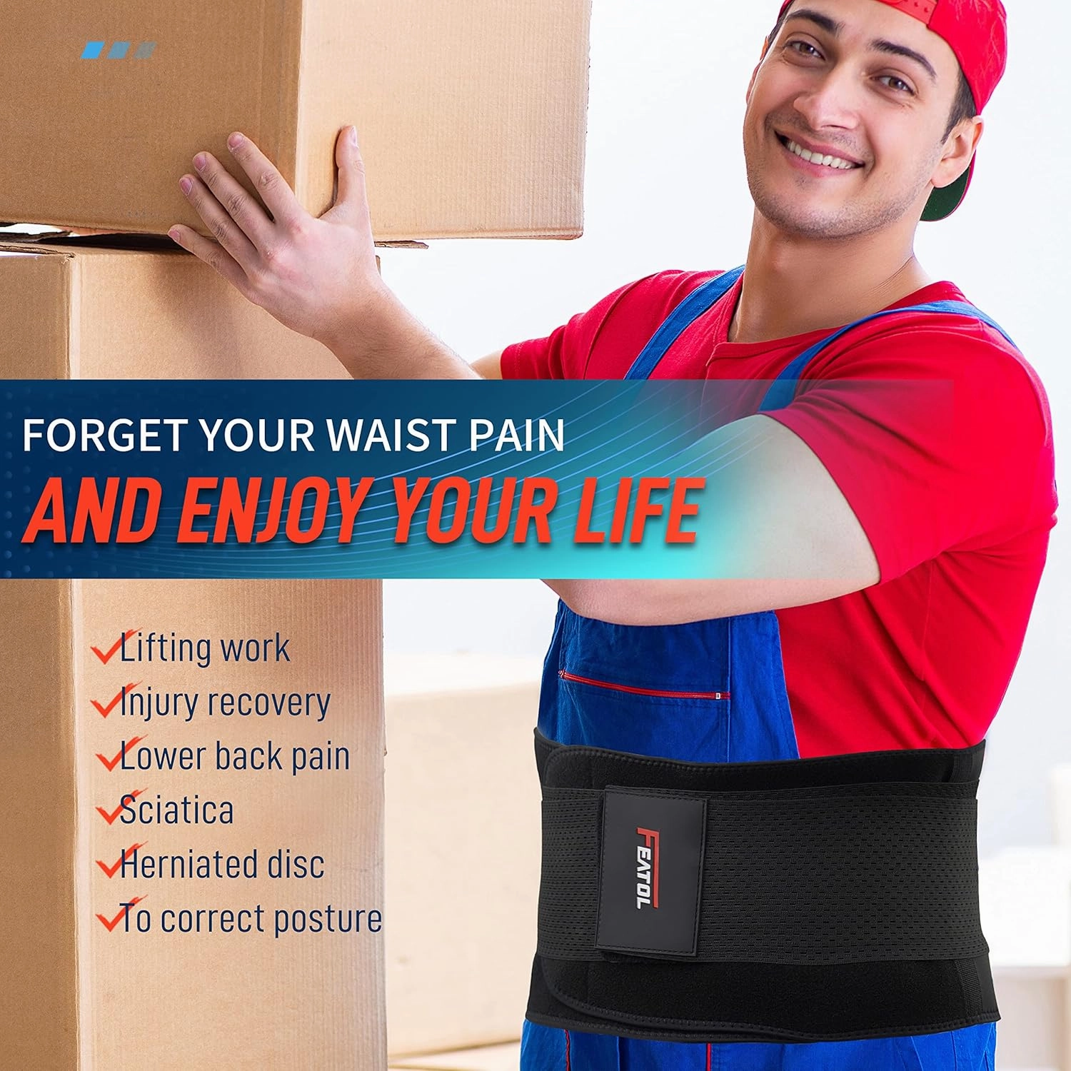 FEATOL Gel Pack Back Brace,Lumbar Support for Back Pain Relief, Herniated Disc, Sciatica, Scoliosis-Breathable Material Design with Hot & Cold Gel Pack for Men & Women| Small/Medium