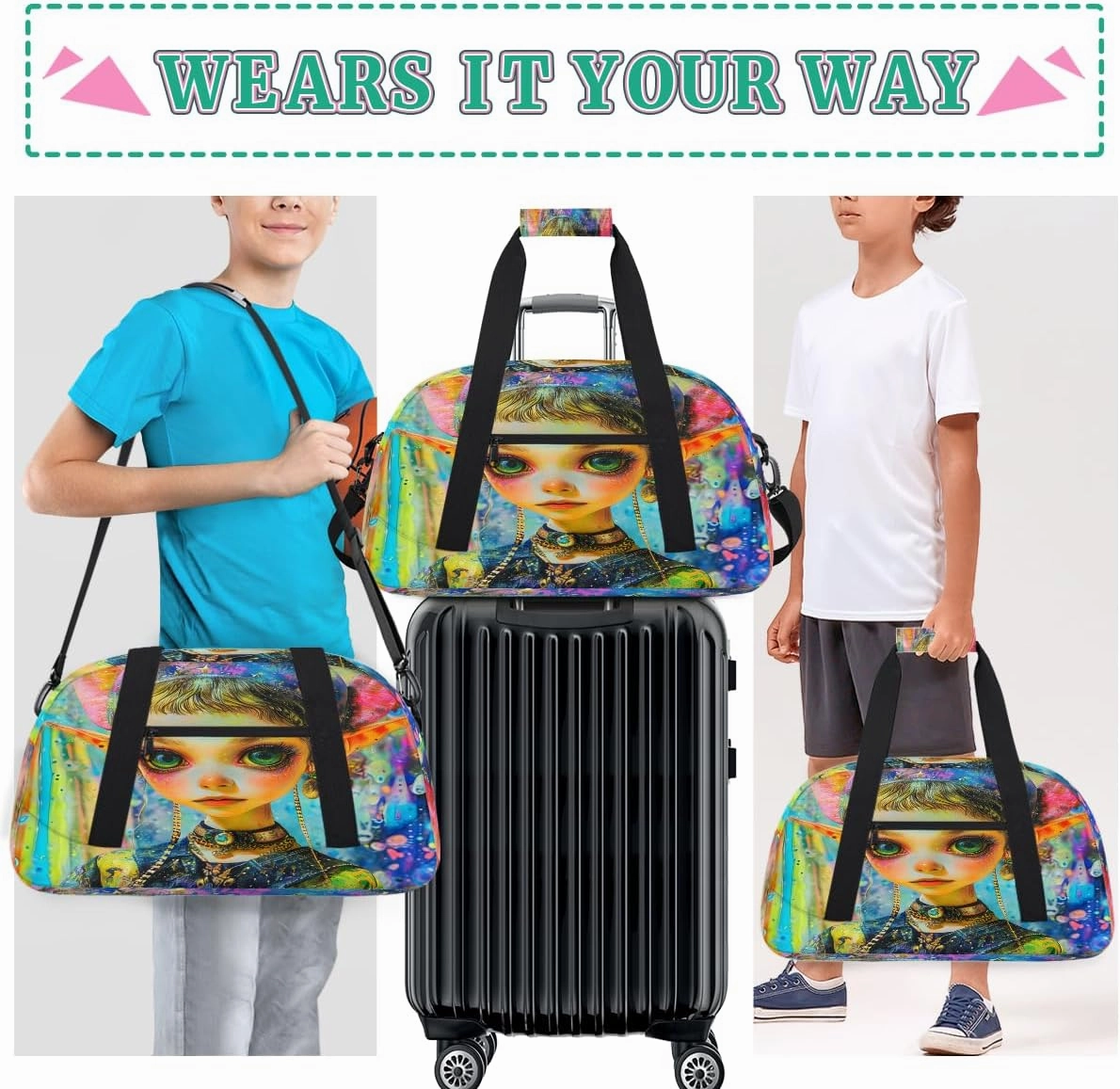 Fierce Elves Kids Overnighter Duffel Bags for Boys, Carry-On Size Sports Gym Bag with Front Zipper Pocket for School Practice or Overnight Travel Weekender Sleepover Tote Bag