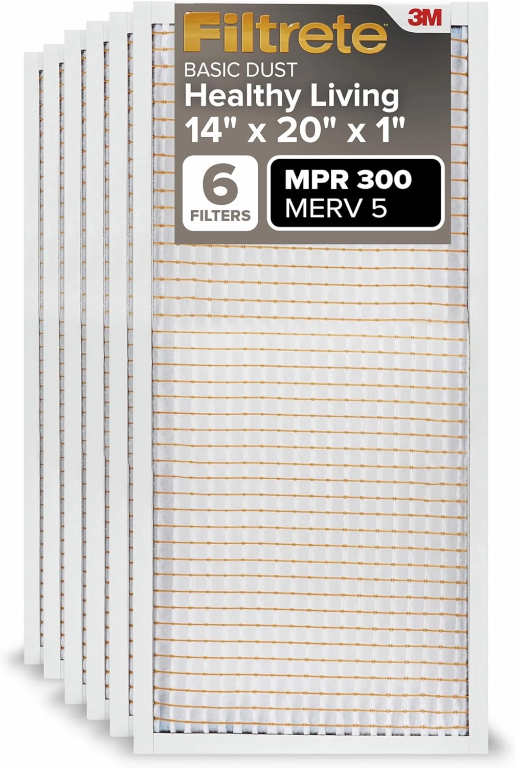 Filtrete 14x20x1 AC Furnace Air Filter, MERV 5, MPR 300, Capture Unwanted Particles, 3-Month Pleated 1-Inch Electrostatic Air Cleaning Filter, 6-Pack (Actual Size13.81x19.81x0.81 in)