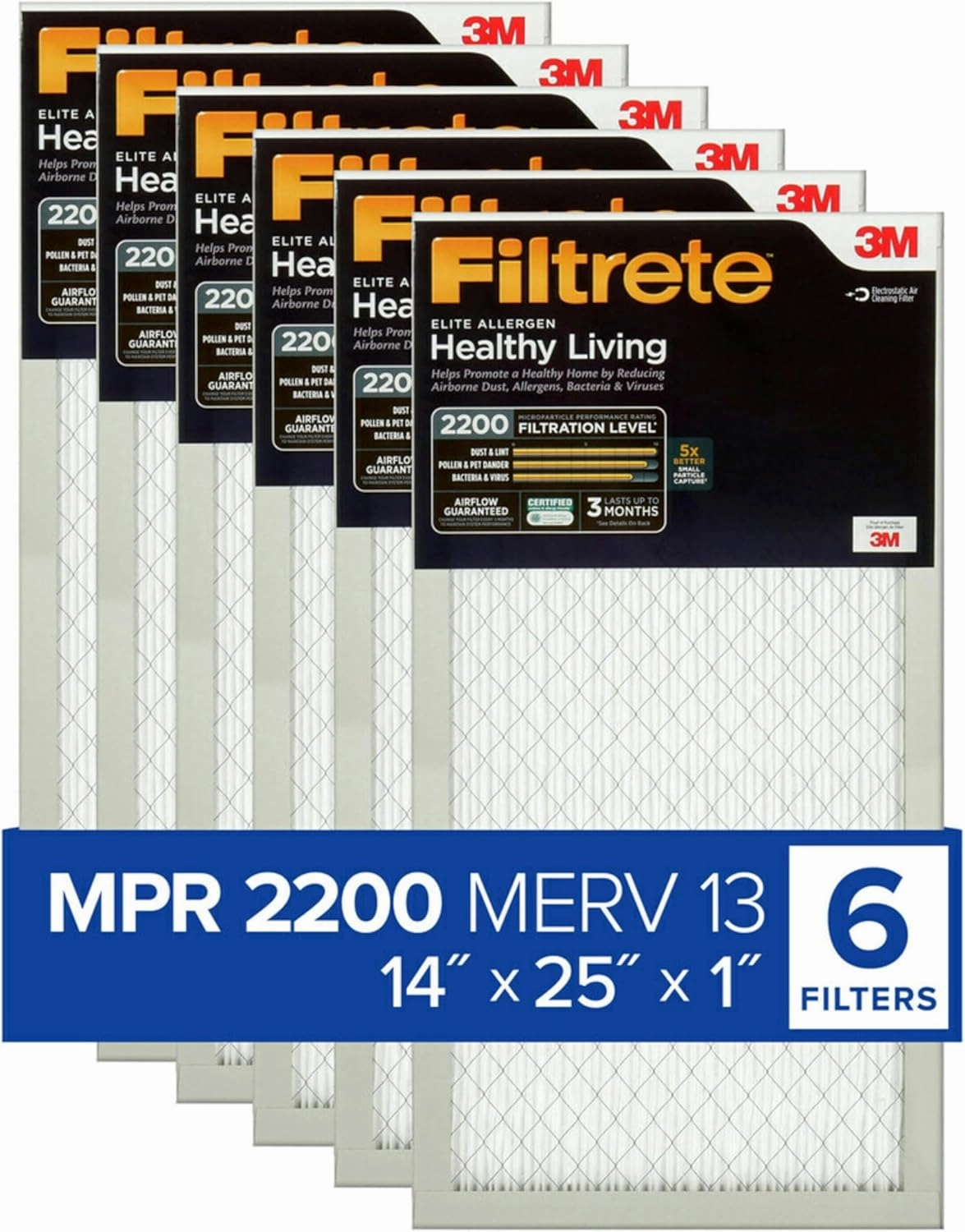 Filtrete 14x25x1 AC Furnace Air Filter, MERV 13, MPR 2200, Elite Allergen, Bacteria & Virus Filter, 3-Month Pleated 1-Inch Electrostatic Air Cleaning Filter, 6-Pack (Actual Size 13.81x24.81x0.78 in)