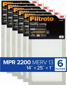 Filtrete 14x25x1 AC Furnace Air Filter, MERV 13, MPR 2200, Elite Allergen, Bacteria & Virus Filter, 3-Month Pleated 1-Inch Electrostatic Air Cleaning Filter, 6-Pack (Actual Size 13.81x24.81x0.78 in)