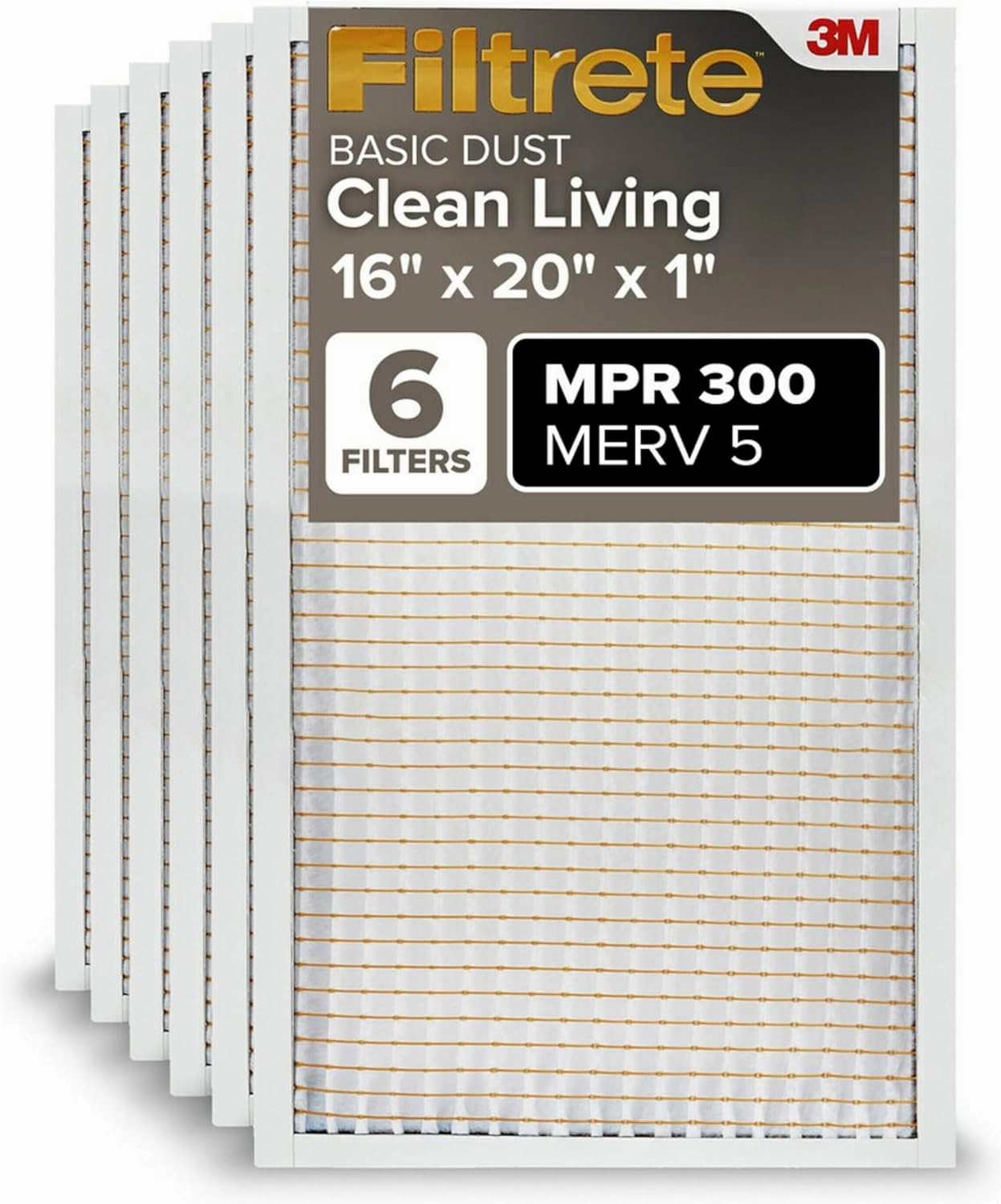 Filtrete 16x20x1 AC Furnace Air Filter, MERV 5, MPR 300, Capture Unwanted Particles, 3-Month Pleated 1-Inch Electrostatic Air Cleaning Filter, 6-Pack (Actual Size15.69x19.69x0.81 in)