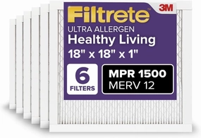 Filtrete 18x18x1 AC Furnace Air Filter, MERV 12, MPR 1500, CERTIFIED asthma & allergy friendly, 3 Month Pleated 1-Inch Electrostatic Air Cleaning Filter, 6-Pack (Actual Size 17.81x17.81x0.78 in)