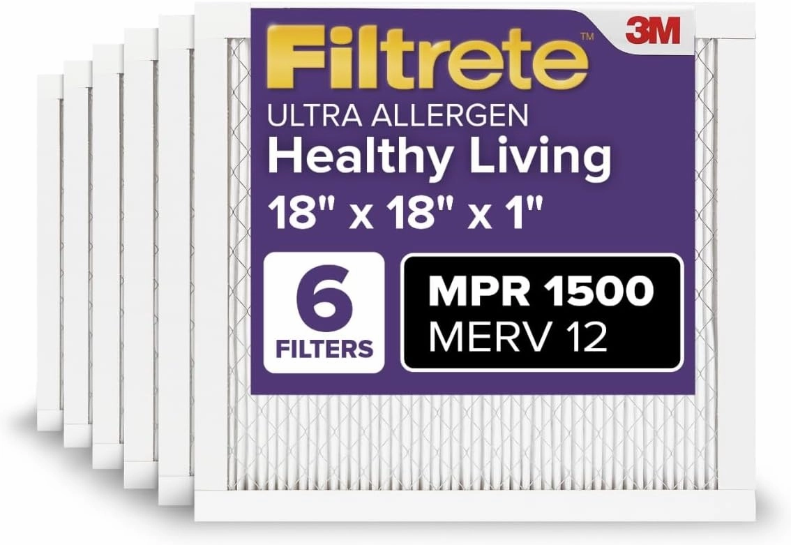 Filtrete 18x18x1 AC Furnace Air Filter, MERV 12, MPR 1500, CERTIFIED asthma & allergy friendly, 3 Month Pleated 1-Inch Electrostatic Air Cleaning Filter, 6-Pack (Actual Size 17.81x17.81x0.78 in)