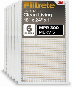 Filtrete 18x24x1 AC Furnace Air Filter, MERV 5, MPR 300, Capture Unwanted Particles, 3-Month Pleated 1-Inch Electrostatic Air Cleaning Filter, 6-Pack (Actual Size17.81x23.81x0.81 in)