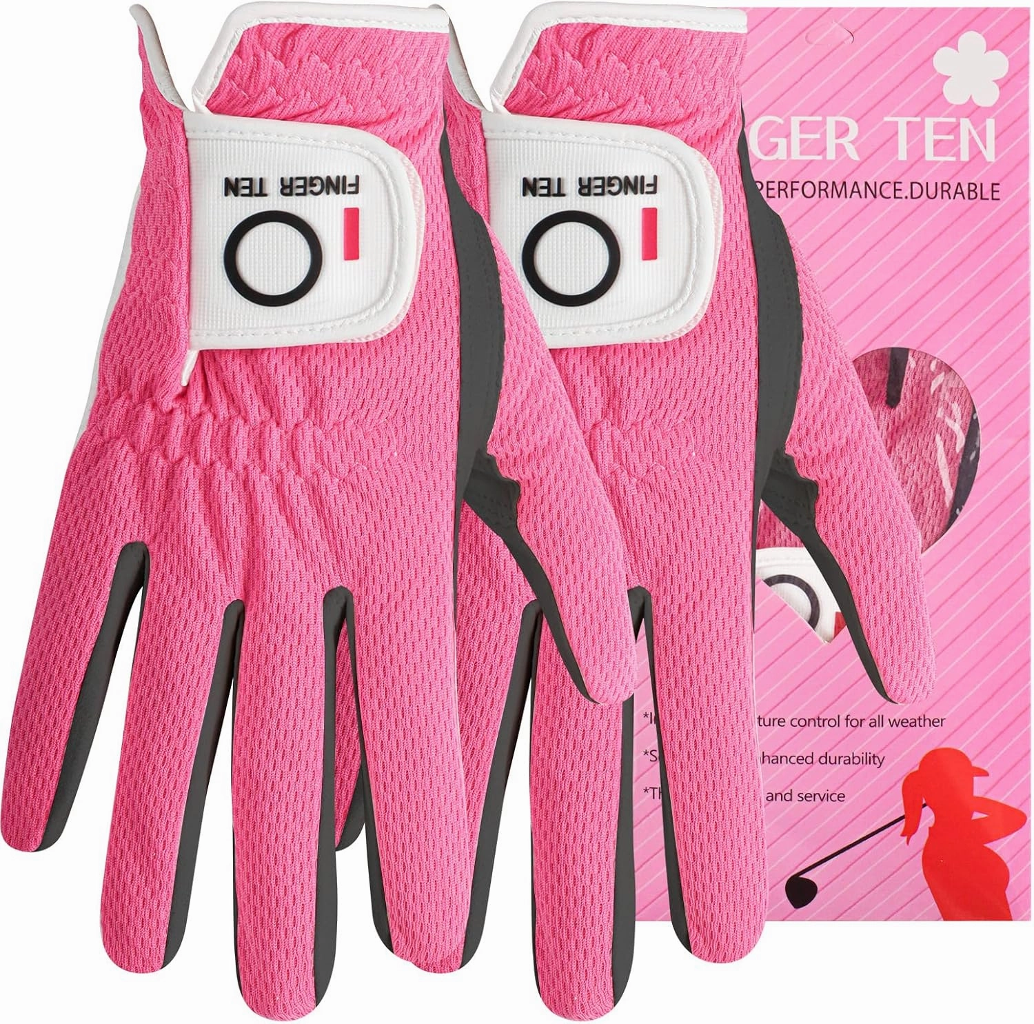 FINGER TEN Womens Golf Glove Right Handed Golfer Left Hand Rain Grip Hot Wet All Weather Value 2 Pack, Golf Gloves Breathable Flexible for Ladies Women (Rose&Black-2 Pack Worn On Right Hand, Small)