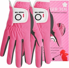 FINGER TEN Womens Golf Glove Right Handed Golfer Left Hand Rain Grip Hot Wet All Weather Value 2 Pack, Golf Gloves Breathable Flexible for Ladies Women (Rose&Black-2 Pack Worn On Right Hand, Small)
