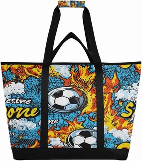 Flame Cartoon Football Reusable Insulated Lunchbox Cooler Bag, Leakproof Kitchen Grocery Bag Collapsible Portable Cooler Tote Bag for Picnic, Camping, Office, Travel