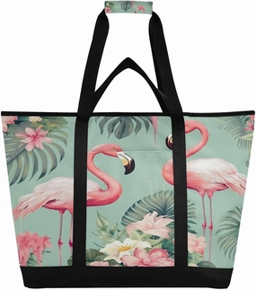 Flamingos Palm Flowers Reusable Insulated Lunchbox Cooler Bag, Leakproof Kitchen Grocery Bag Collapsible Portable Cooler Tote Bag for Picnic, Camping, Office, Travel
