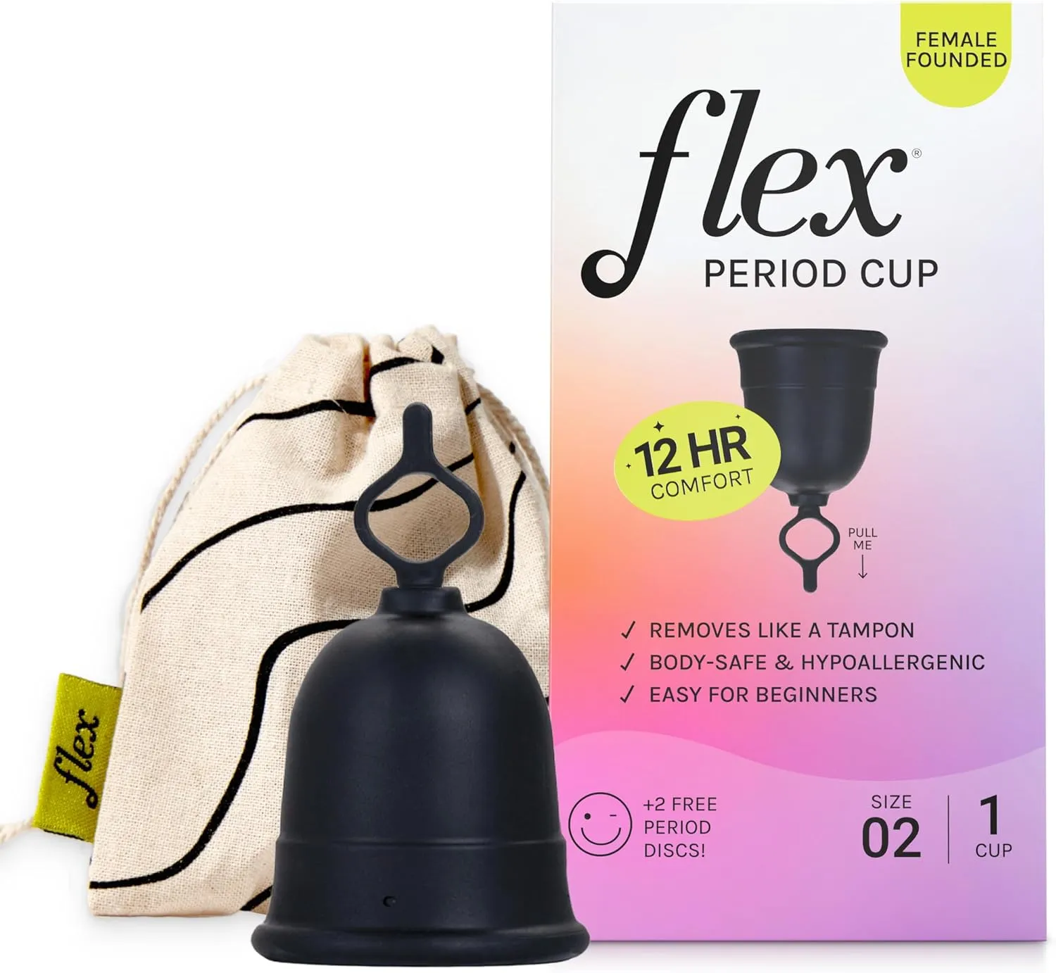 Flex Cup Starter Kit (Full Fit - Size 02) | Reusable Menstrual Cup   2 Free Menstrual Discs | Pull-Tab for Easy Removal | Tampon   Pad Alternative | Lasts up to 10 Years | Capacity of 3 Super Tampons