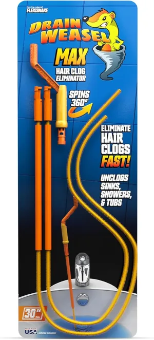 FlexiSnake Drain Weasel Sink Snake Hair Clog Remover Tool, Pipe, Bathroom, Bathtub Drain Cleaner, 30", Made in The USA, 2 Wands and Handle