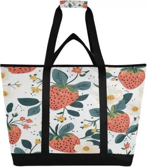 Flowers Strawberry Reusable Insulated Lunchbox Cooler Bag, Leakproof Kitchen Grocery Bag Collapsible Portable Cooler Tote Bag for Picnic, Camping, Office, Travel