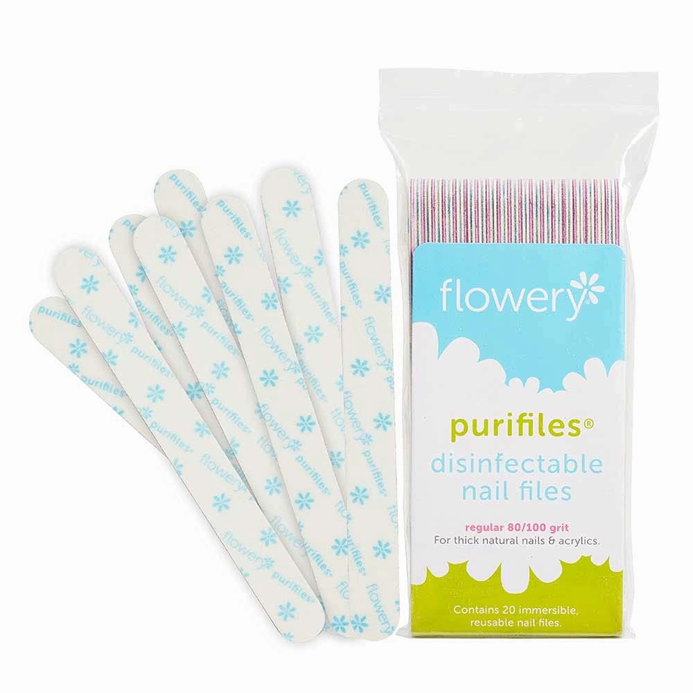 Flowery Purifiles Standard Pink Core Disinfectable Nail Files, 80/100 Grit, 20 per Pack