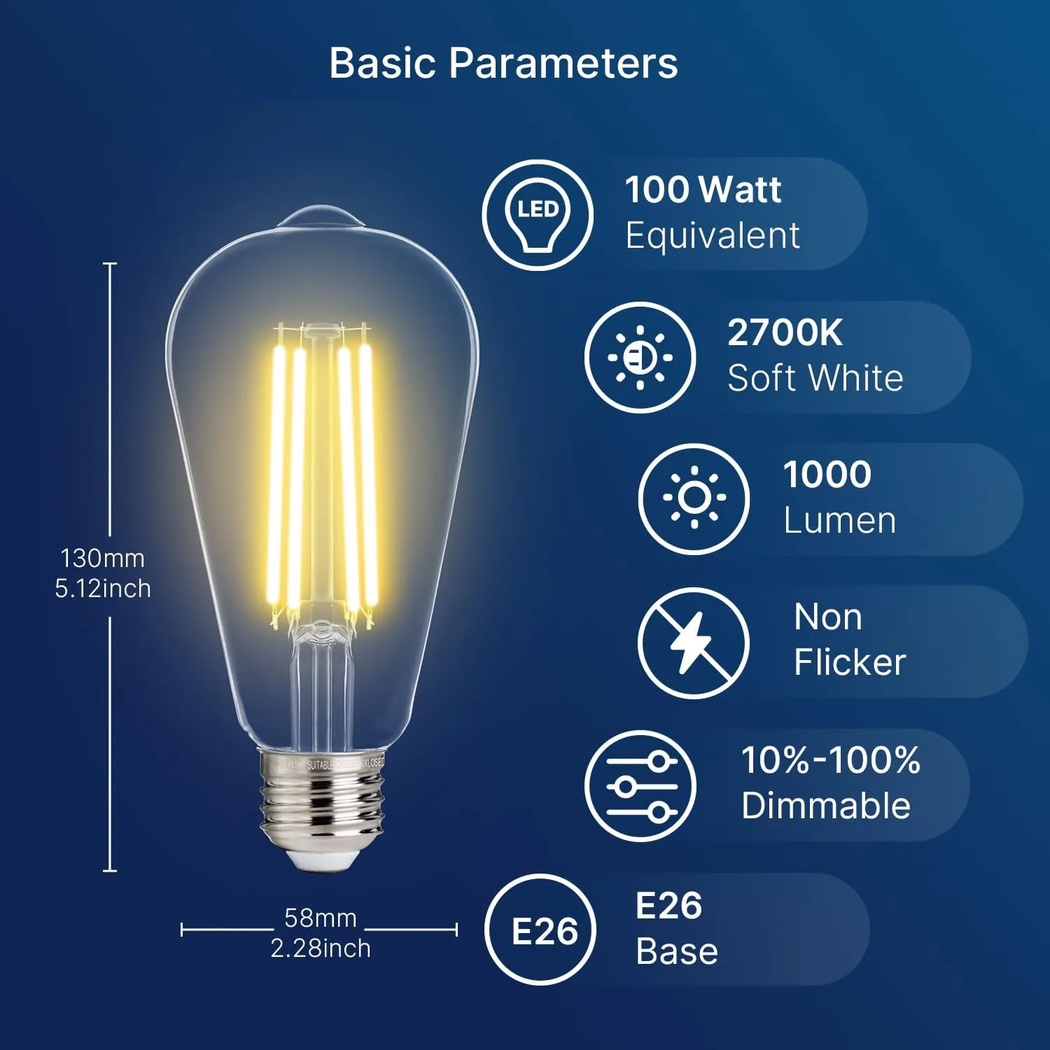FLSNT 100W Equivalent LED Edison Bulbs, ST19/ST58 Dimmable LED Light Bulbs for Dining Room, Kitchen, High Brightness with 1000LM, 2700K Soft White, 8W, E26 Base, 6 Pack