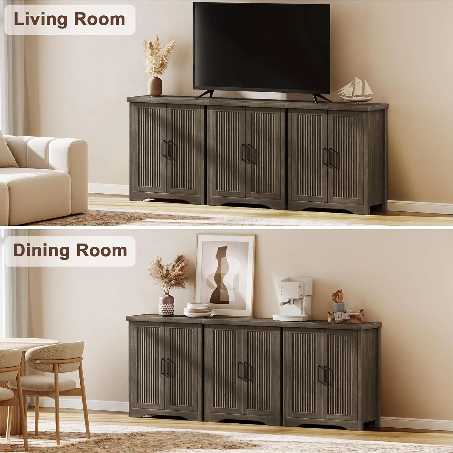 Fluted Buffet Cabinet with Storage Accent Sideboard,Modern Credenza with 2 Doors & Adjustable Shelves,Wood Coffee Bar Table Console for Dining Room Kitchen Living Room Entryway,Gray