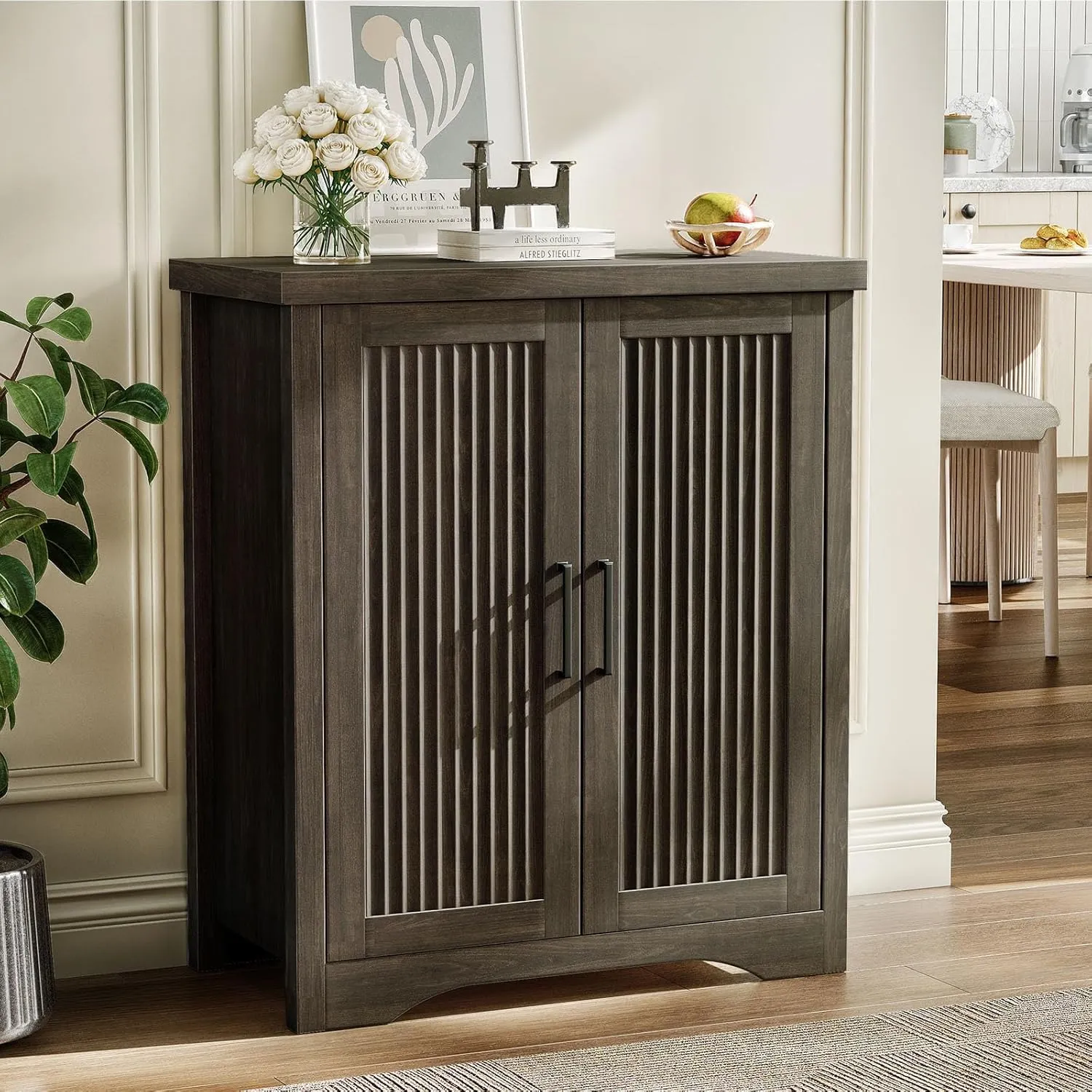 Fluted Buffet Cabinet with Storage Accent Sideboard,Modern Credenza with 2 Doors & Adjustable Shelves,Wood Coffee Bar Table Console for Dining Room Kitchen Living Room Entryway,Gray