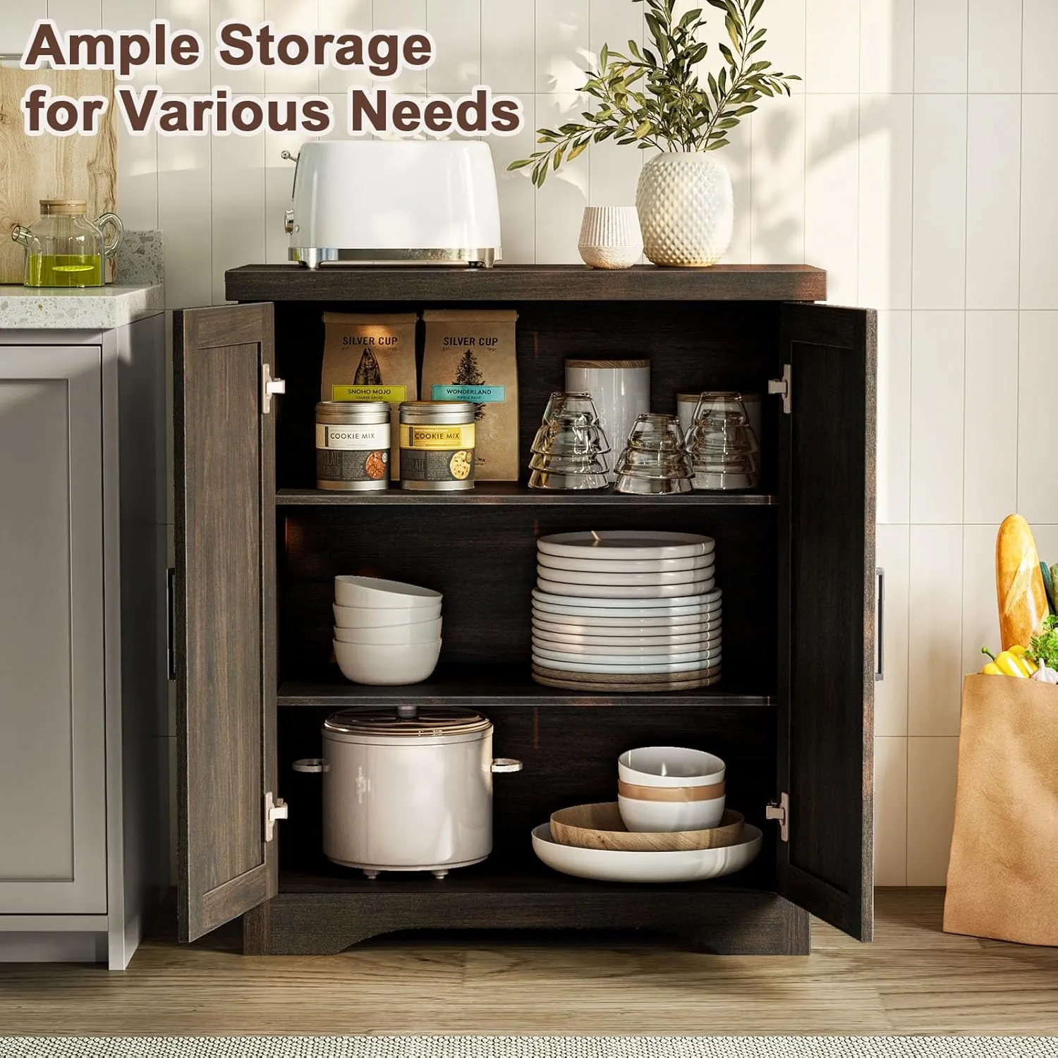 Fluted Buffet Cabinet with Storage Accent Sideboard,Modern Credenza with 2 Doors & Adjustable Shelves,Wood Coffee Bar Table Console for Dining Room Kitchen Living Room Entryway,Gray