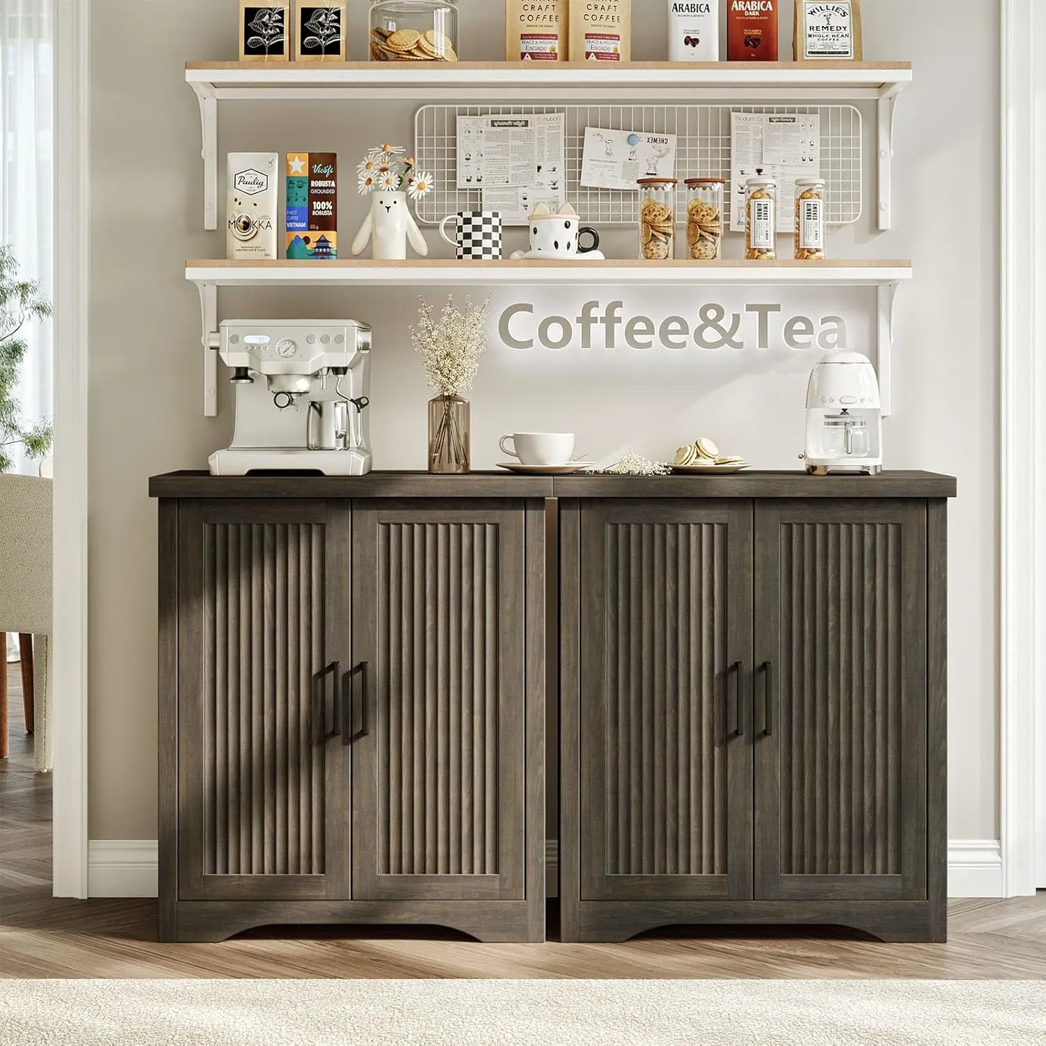 Fluted Buffet Cabinet with Storage Accent Sideboard,Modern Credenza with 2 Doors & Adjustable Shelves,Wood Coffee Bar Table Console for Dining Room Kitchen Living Room Entryway,Gray