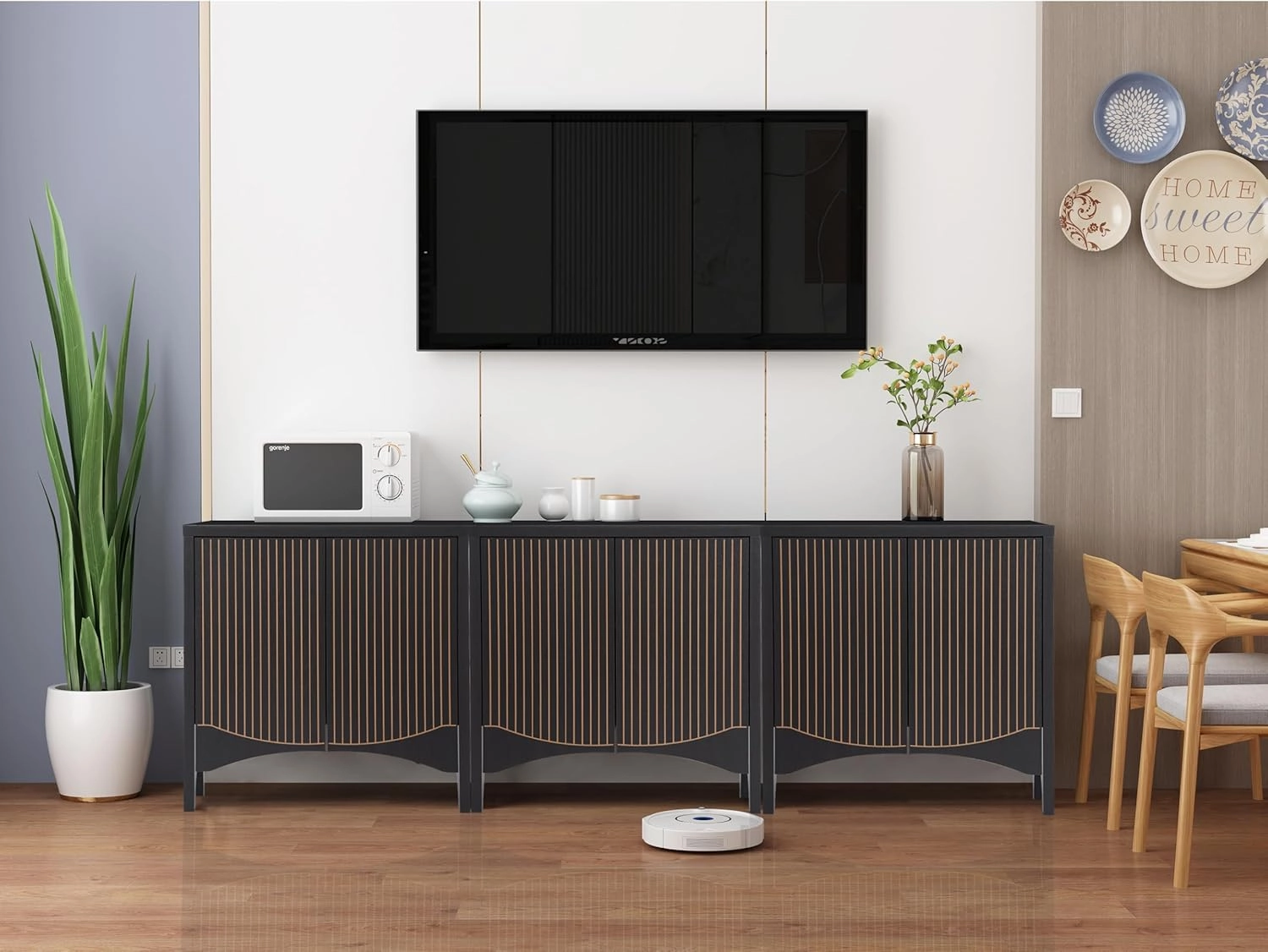 Fluted Sideboard Cabinet with Storage,Buffet Cabinet with Adjustable Shelves,Accent Storage Cabinets with Carved Arc Door Kitchen Dining Living Room (Arch Black, 6 Doors)