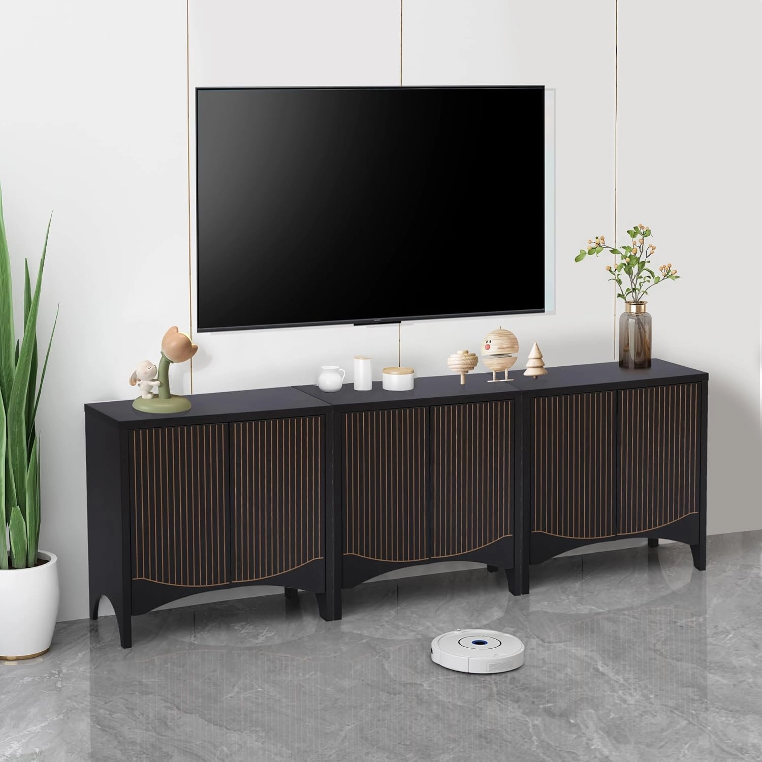 Fluted Sideboard Cabinet with Storage,Buffet Cabinet with Adjustable Shelves,Accent Storage Cabinets with Carved Arc Door Kitchen Dining Living Room (Arch Black, 6 Doors)