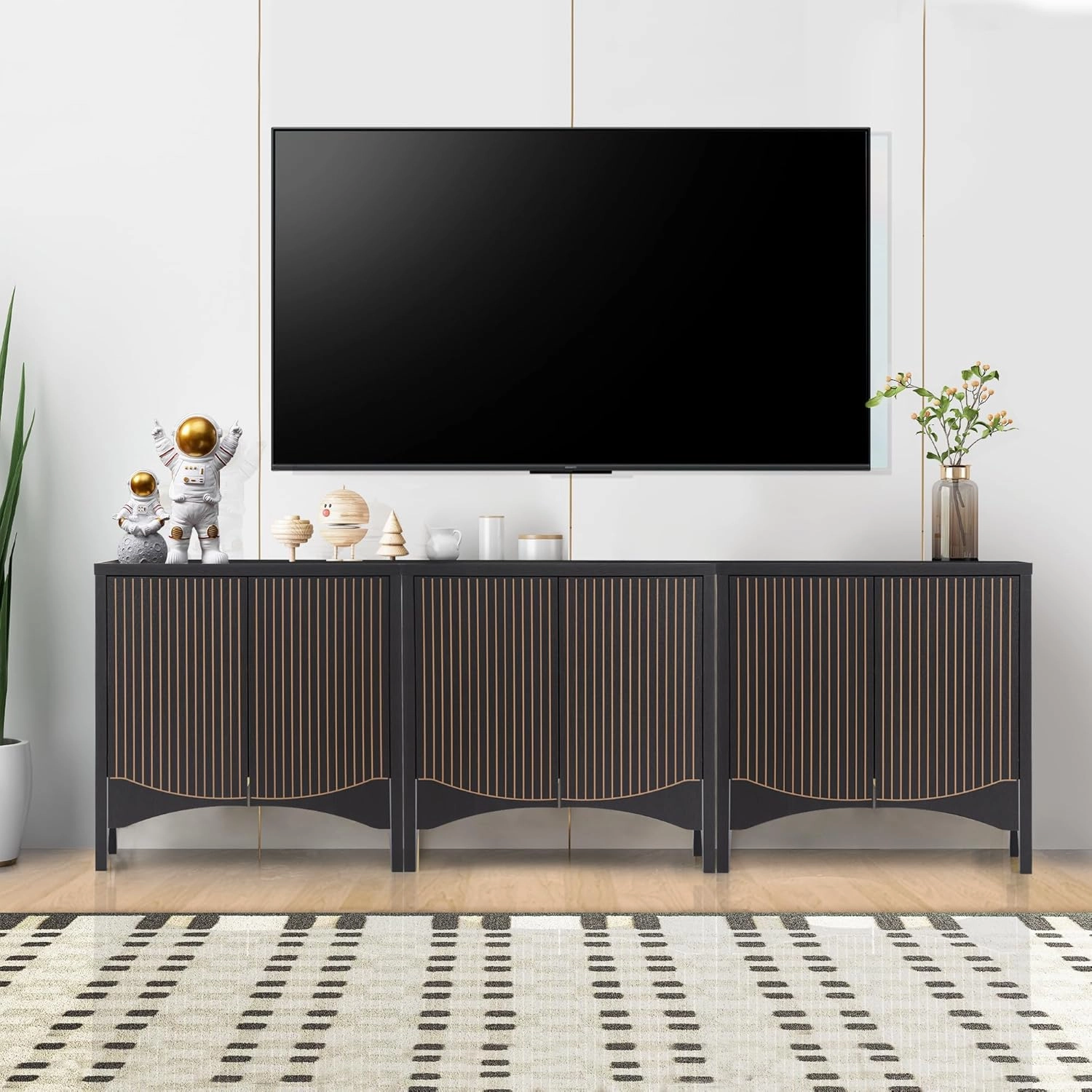 Fluted Sideboard Cabinet with Storage,Buffet Cabinet with Adjustable Shelves,Accent Storage Cabinets with Carved Arc Door Kitchen Dining Living Room (Arch Black, 6 Doors)