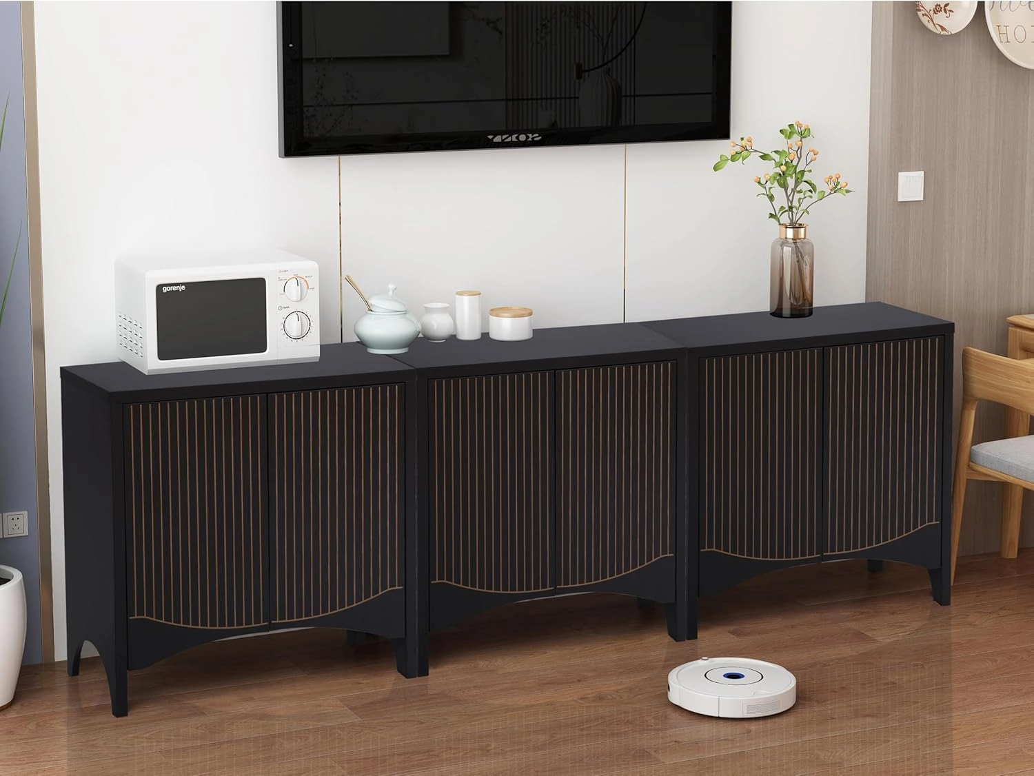 Fluted Sideboard Cabinet with Storage,Buffet Cabinet with Adjustable Shelves,Accent Storage Cabinets with Carved Arc Door Kitchen Dining Living Room (Arch Black, 6 Doors)
