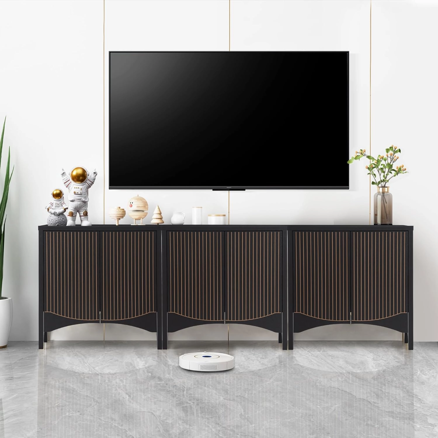 Fluted Sideboard Cabinet with Storage,Buffet Cabinet with Adjustable Shelves,Accent Storage Cabinets with Carved Arc Door Kitchen Dining Living Room (Arch Black, 6 Doors)