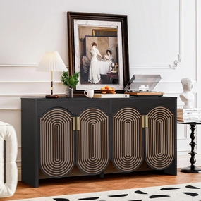 Fluted Sideboard Cabinet with Storage,Buffet Cabinet with Adjustable Shelves,Accent Storage Cabinets with Carved Arc Door Kitchen Dining Living Room (Black, 4 Doors)