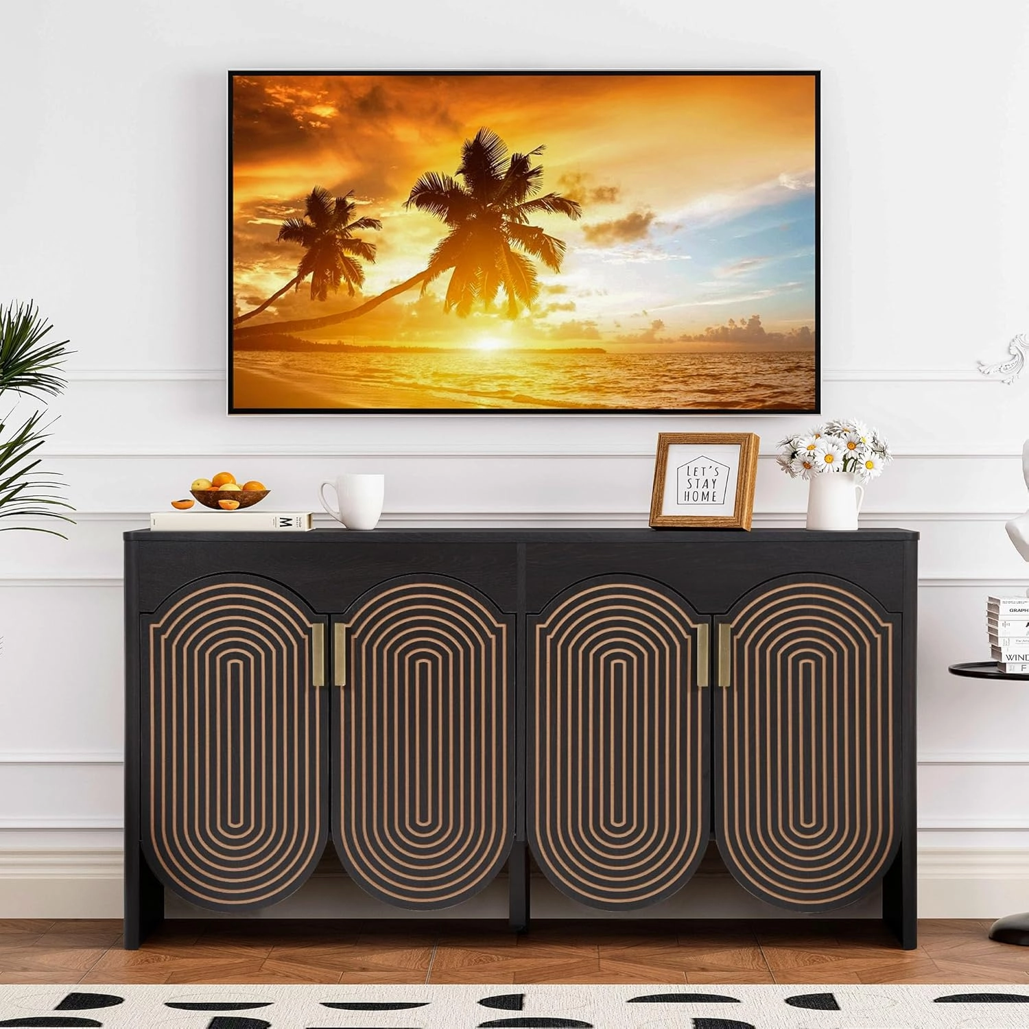 Fluted Sideboard Cabinet with Storage,Buffet Cabinet with Adjustable Shelves,Accent Storage Cabinets with Carved Arc Door Kitchen Dining Living Room (Black, 4 Doors)