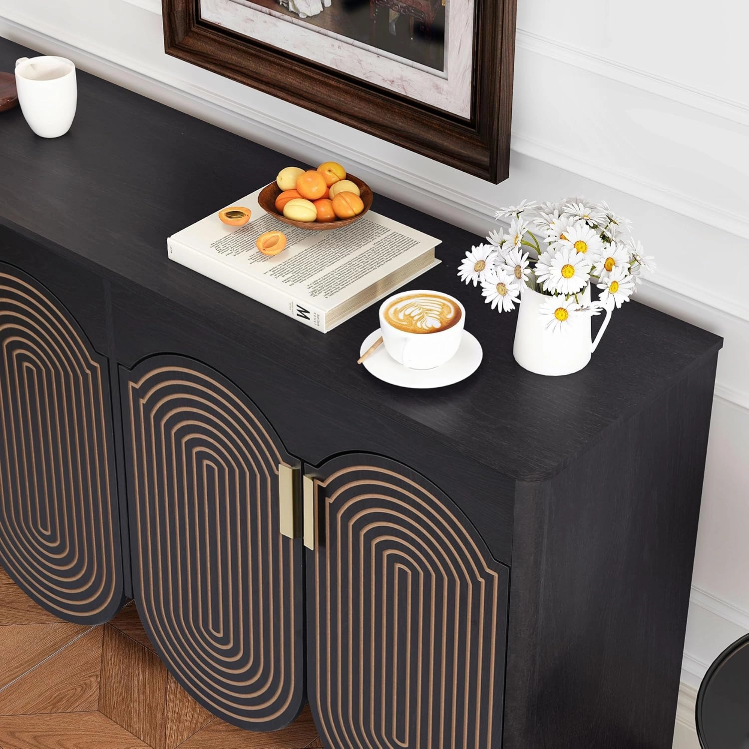Fluted Sideboard Cabinet with Storage,Buffet Cabinet with Adjustable Shelves,Accent Storage Cabinets with Carved Arc Door Kitchen Dining Living Room (Black, 4 Doors)
