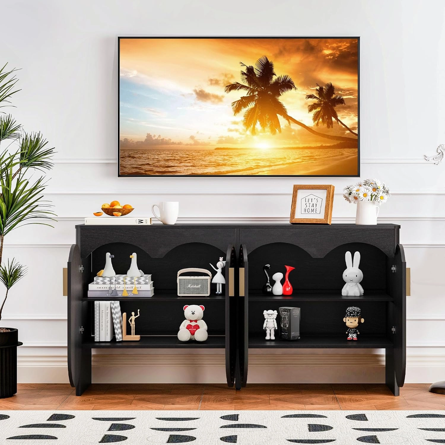 Fluted Sideboard Cabinet with Storage,Buffet Cabinet with Adjustable Shelves,Accent Storage Cabinets with Carved Arc Door Kitchen Dining Living Room (Black, 4 Doors)