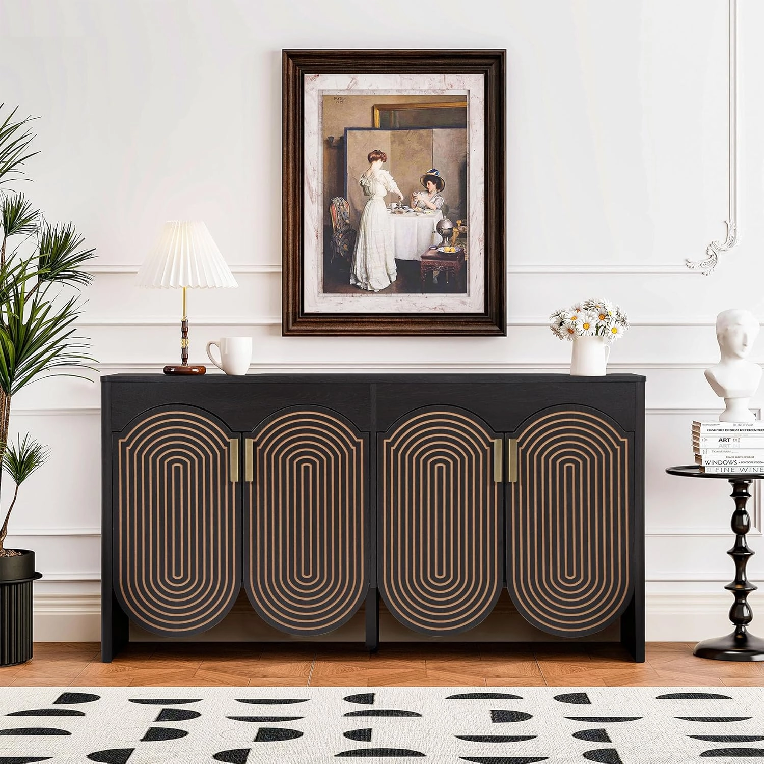 Fluted Sideboard Cabinet with Storage,Buffet Cabinet with Adjustable Shelves,Accent Storage Cabinets with Carved Arc Door Kitchen Dining Living Room (Black, 4 Doors)