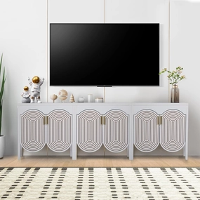 Fluted Sideboard Cabinet with Storage,Buffet Cabinet with Adjustable Shelves,Accent Storage Cabinets with Carved Arc Door Kitchen Dining Living Room (White, 6 Doors)