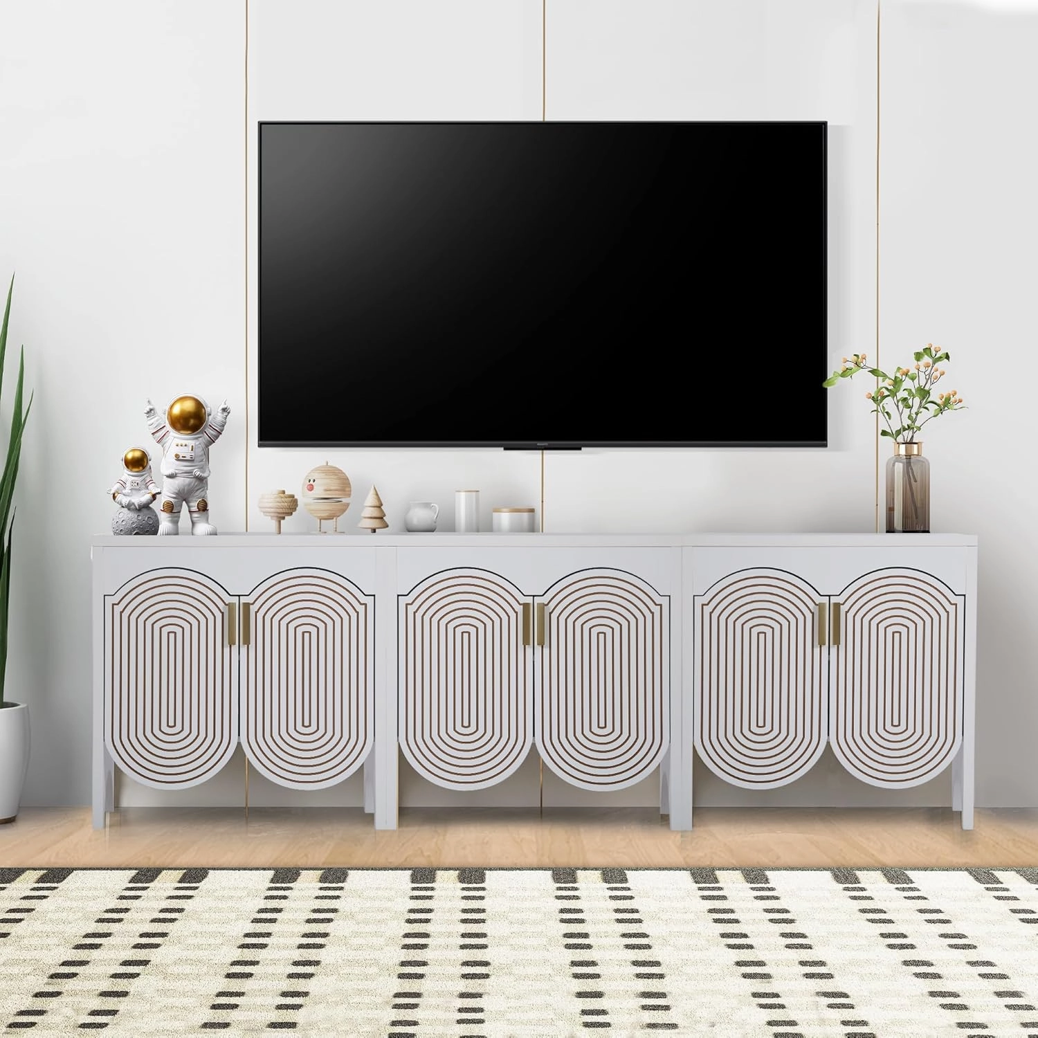 Fluted Sideboard Cabinet with Storage,Buffet Cabinet with Adjustable Shelves,Accent Storage Cabinets with Carved Arc Door Kitchen Dining Living Room (White, 6 Doors)