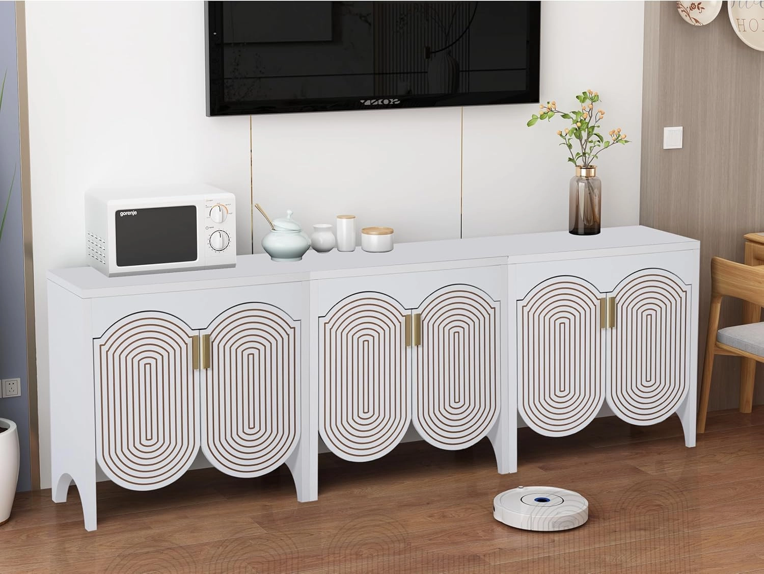Fluted Sideboard Cabinet with Storage,Buffet Cabinet with Adjustable Shelves,Accent Storage Cabinets with Carved Arc Door Kitchen Dining Living Room (White, 6 Doors)