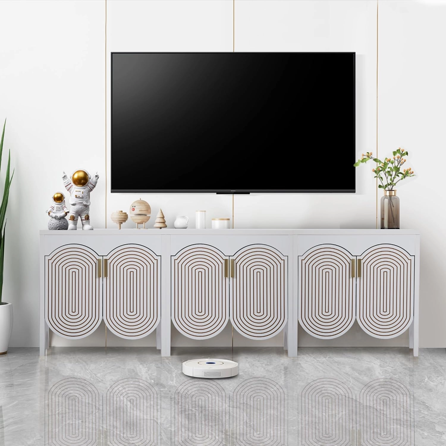 Fluted Sideboard Cabinet with Storage,Buffet Cabinet with Adjustable Shelves,Accent Storage Cabinets with Carved Arc Door Kitchen Dining Living Room (White, 6 Doors)