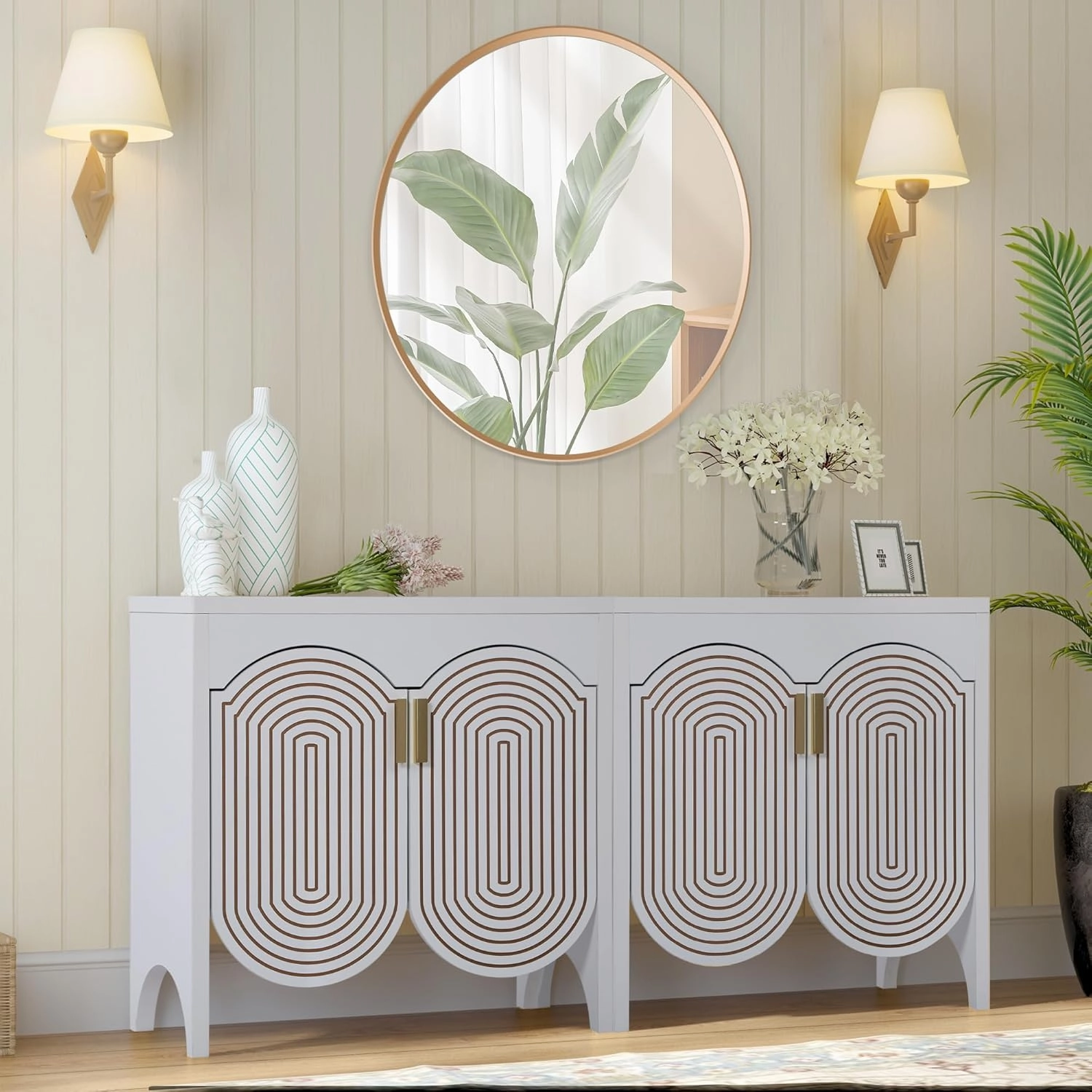Fluted Sideboard Cabinet with Storage,Buffet Cabinet with Adjustable Shelves,Accent Storage Cabinets with Carved Arc Door Kitchen Dining Living Room (White, 6 Doors)