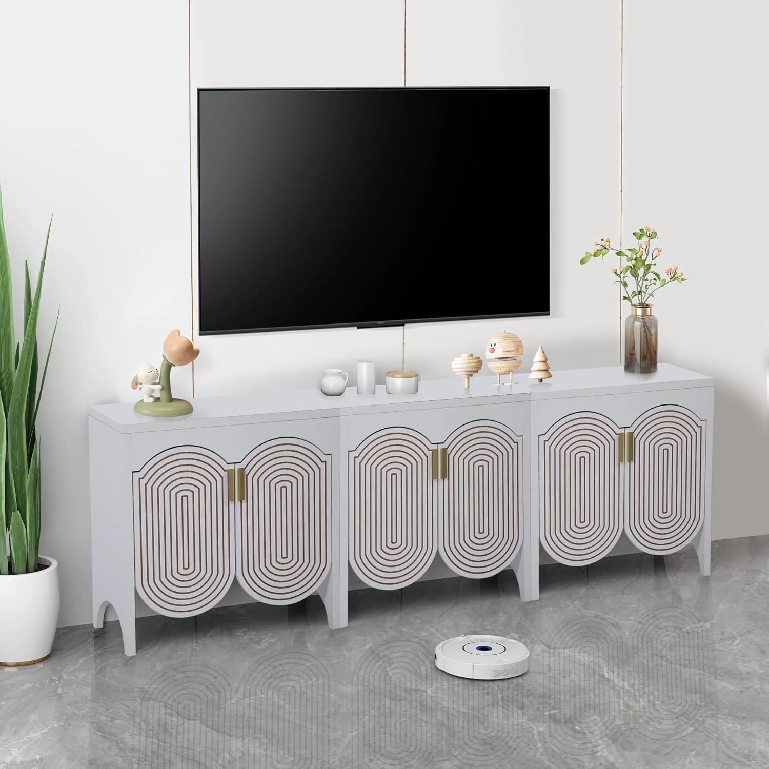 Fluted Sideboard Cabinet with Storage,Buffet Cabinet with Adjustable Shelves,Accent Storage Cabinets with Carved Arc Door Kitchen Dining Living Room (White, 6 Doors)