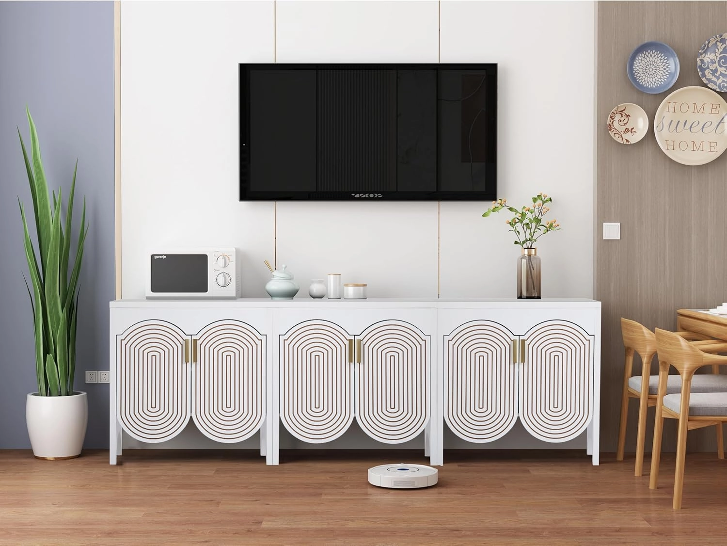 Fluted Sideboard Cabinet with Storage,Buffet Cabinet with Adjustable Shelves,Accent Storage Cabinets with Carved Arc Door Kitchen Dining Living Room (White, 6 Doors)