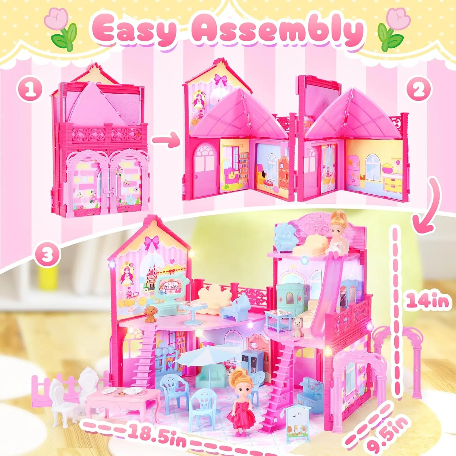 Foldable Dollhouse 2024, Dream 3-Story Princess Doll House Playset with Furniture Slide, Pink Toddler Toy House for 3 4 5 6 7 8 9 10 Year Old Girls