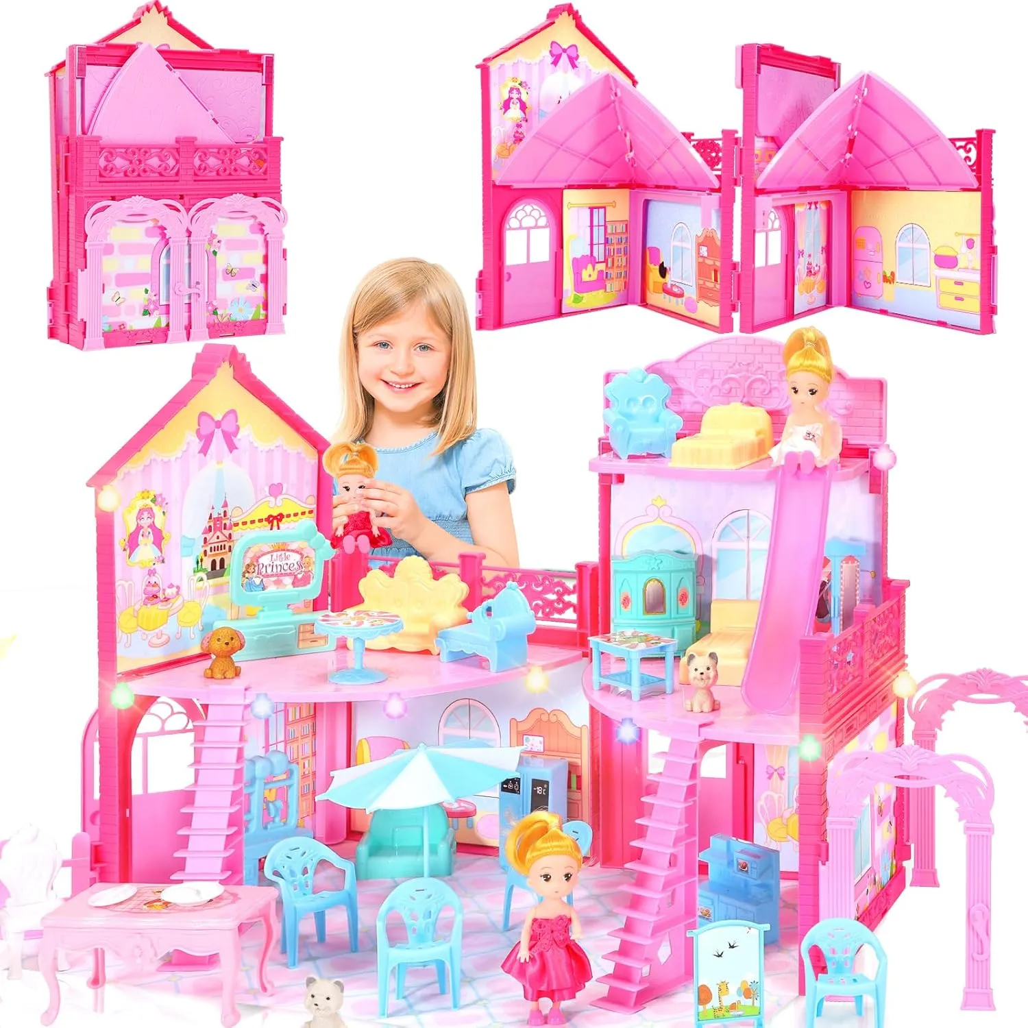 Foldable Dollhouse 2024, Dream 3-Story Princess Doll House Playset with Furniture Slide, Pink Toddler Toy House for 3 4 5 6 7 8 9 10 Year Old Girls
