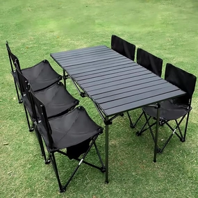 Foldable Camping Table Set with 6 Chair, Outdoor Indoor Use for BBQ, Picnic, Garden Parties, Foldable Portable Design,Yellow