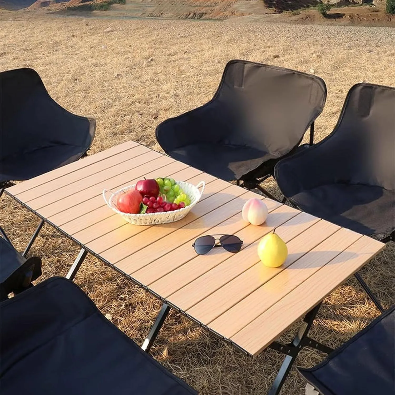 Folding Camping Table and Chair Set, Portable Camp Chairs Lightweight Roll up Carbon Steel Camp Table Foldable Lawn Chair Picnic Table with Carrying Bag, Black-120cm-7pcs, White-60cm-5pcs