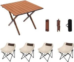 Folding Camping Table and Chair Set, Portable Camp Chairs Lightweight Roll up Carbon Steel Camp Table Foldable Lawn Chair Picnic Table with Carrying Bag, Black-120cm-7pcs, White-60cm-5pcs