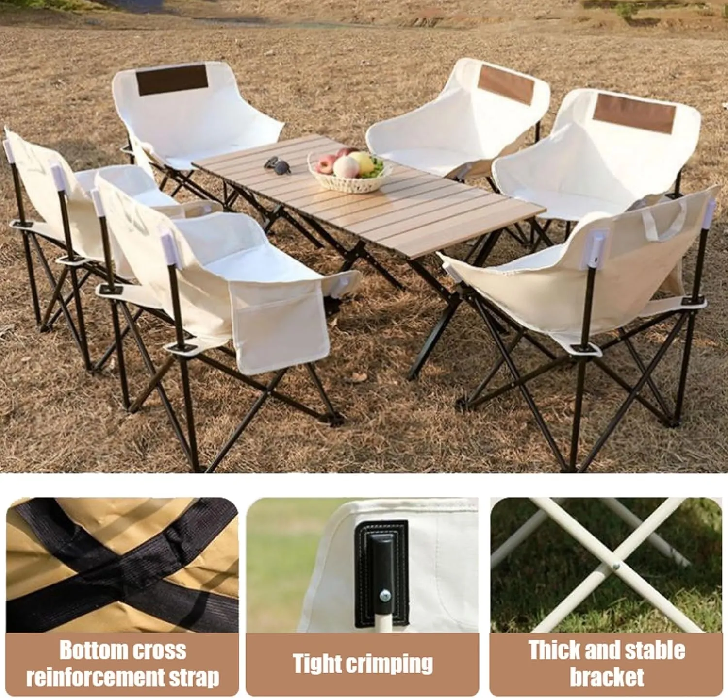 Folding Camping Table and Chair Set, Portable Camp Chairs Lightweight Roll up Carbon Steel Camp Table Foldable Lawn Chair Picnic Table with Carrying Bag, Black-120cm-7pcs, White-60cm-5pcs