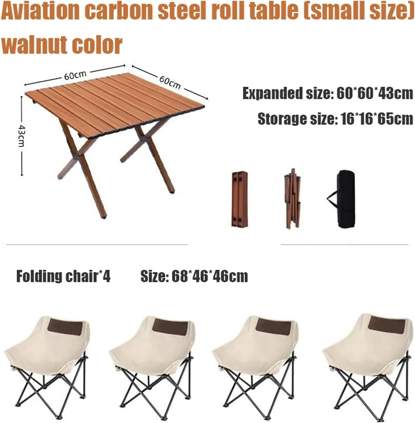 Folding Camping Table and Chair Set, Portable Camp Chairs Lightweight Roll up Carbon Steel Camp Table Foldable Lawn Chair Picnic Table with Carrying Bag, Black-120cm-7pcs, White-60cm-5pcs