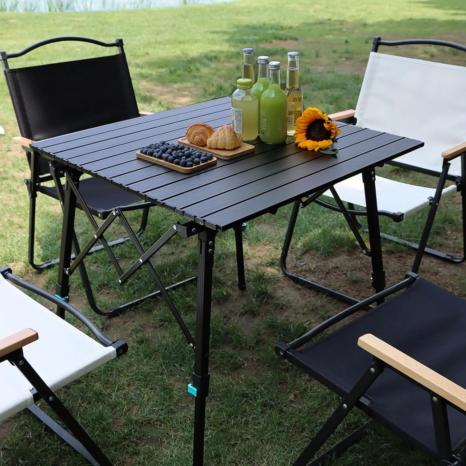 Folding Camping Table and Chairs, Adjustable Height Folding Table with Roll-Up Table Top, Portable Lightweight Picnic Table Chair Set for Outdoor, Beach, Backyards Party