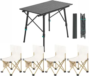 Folding Camping Table and Chairs, Adjustable Height Folding Table with Roll-Up Table Top, Portable Lightweight Picnic Table Chair Set for Outdoor, Beach, Backyards Party
